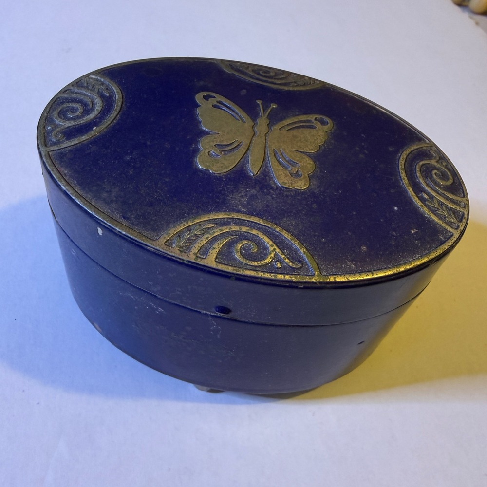 Vintage Lucretia Vanderbilt Cobalt Blue Enamel Butterfly Powder Box with Puff